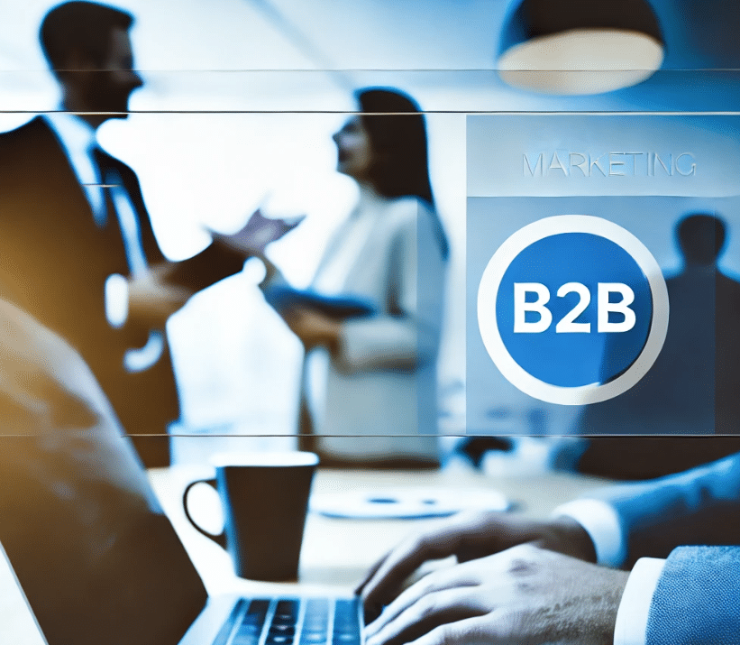 Obchodné stretnutie v kancelárii, v popredí notebook a štítok B2B marketing