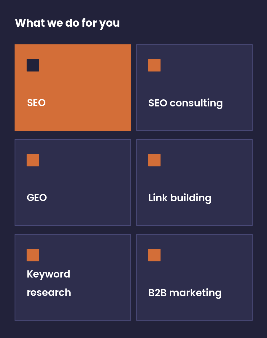Overview of IdeUp services from SEO and GEO to link building and B2B marketing