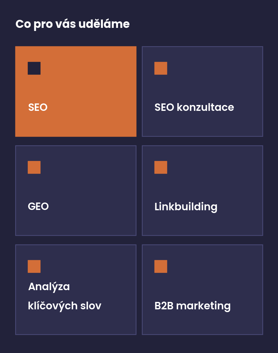 Přehled služeb IdeUp od SEO a GEO po linkbuilding a B2B marketing